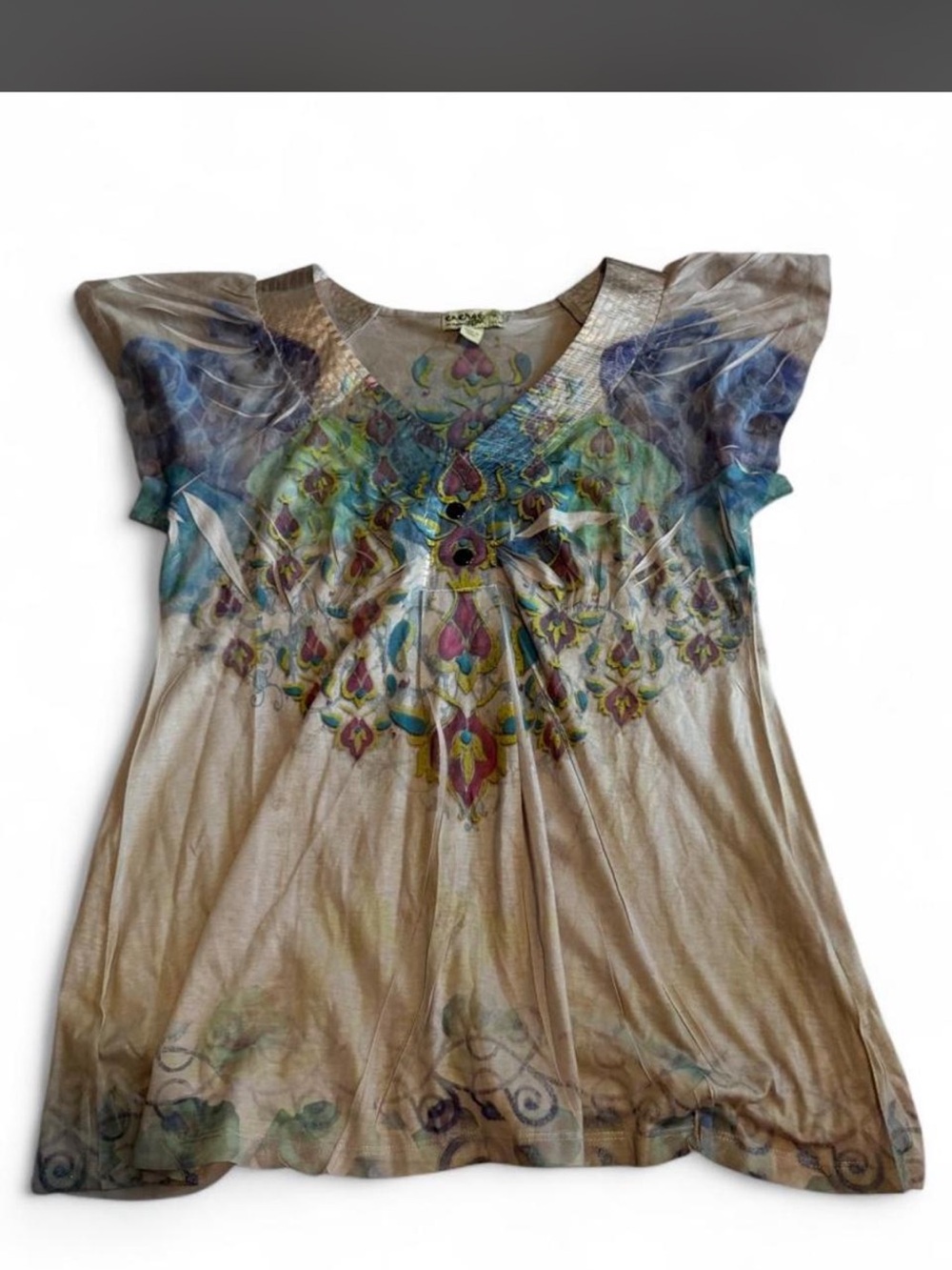 Boho V-Neck Floral Print Women's Top in Taupe and Teal